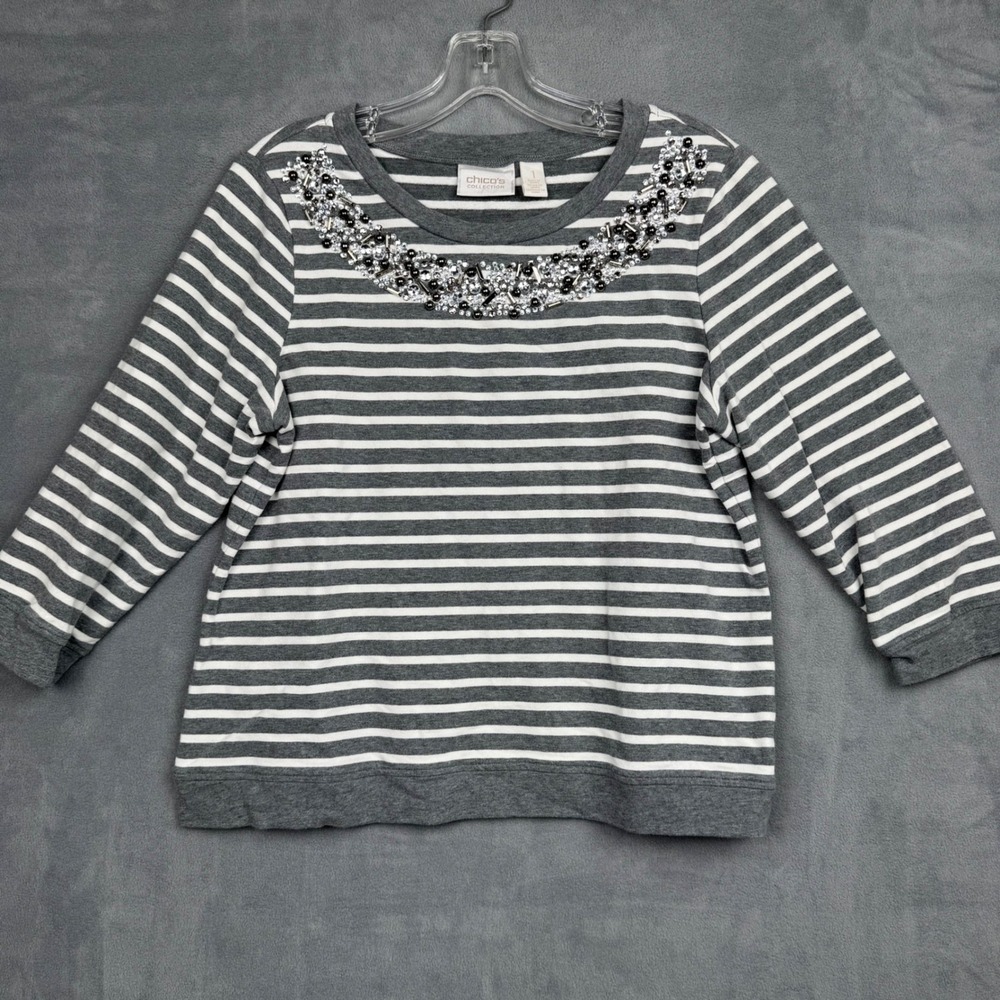 Chicos Collection‎ Striped Rhinestone Crew Neck 3/4 Sleeve Top Women Size 1